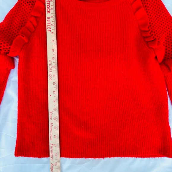 Express Women Red Knit Ruffled Eyelet Detail Ballon Sleeve Pullover Sweater Sz S - Picture 9 of 11